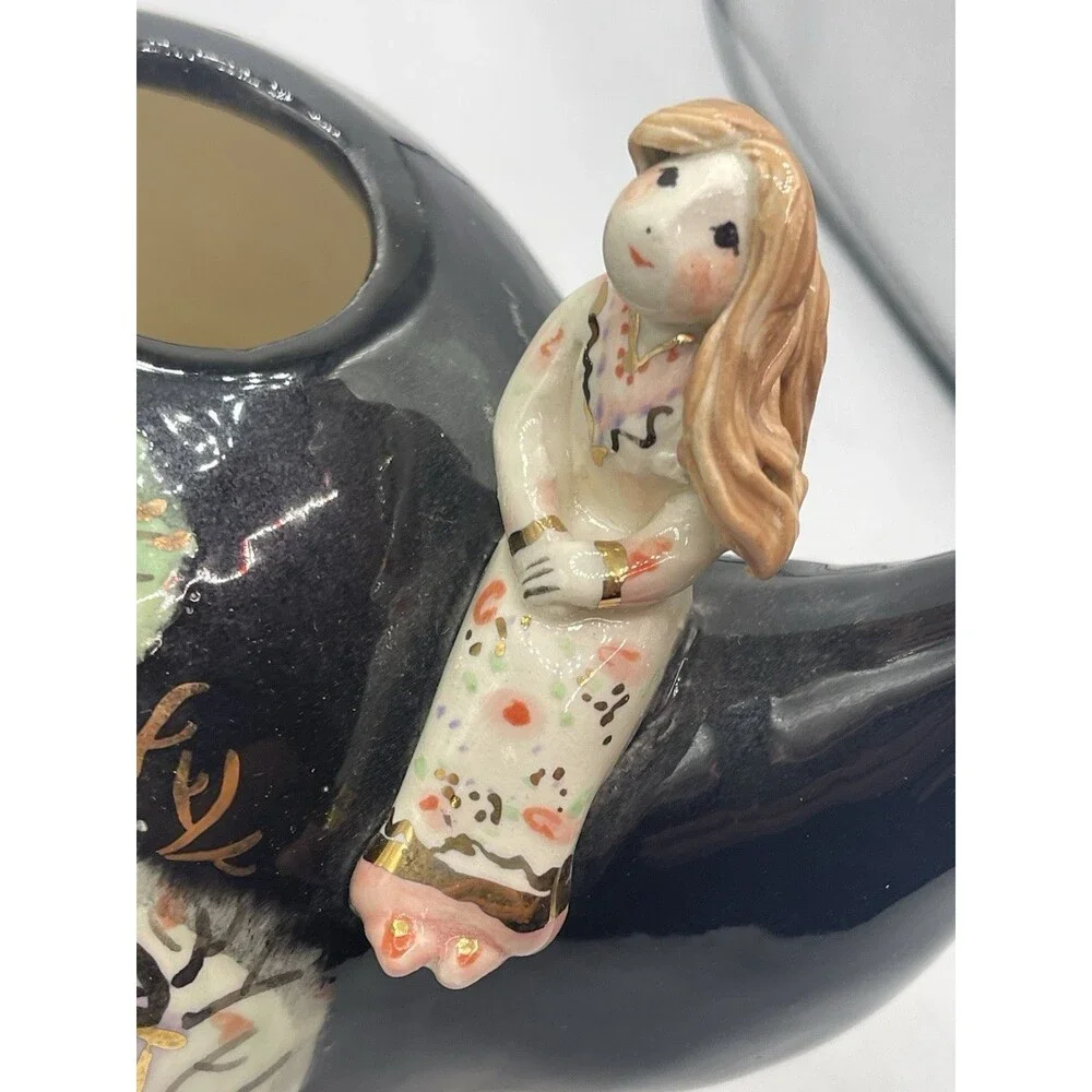 VTG Black Teapot Handpainted Signed O Gold w/ Ceramic Figures Boy Violin Cat +